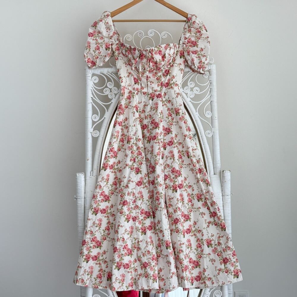 House of CB Tallulah Dress XS Floral Puff Sleeve Rose Print Coquette Romantic - Picture 2 of 13